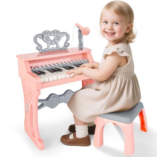 deAO Tastiera Digitale Pianola Bambini, Electronic Grand Piano Elettronica Tastiera con Microfono e Sgabello, 25 Tasti Digitale Tastiera 22 Demo 6 Ritmi Portatile Tastiera Musicale Giocattolo (Rosa)