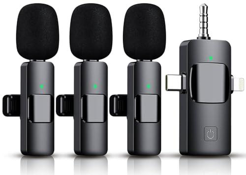 Microfoni Lavalier wireless 3 in 1 per iPhone, iPad, Android, fotocamera, batteria 12 ore, mini microfono per registrazione con riduzione del rumore 2,4 G, ritardo ultra basso, microfono per