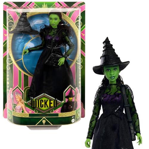 Mattel Universal Wicked, Elphaba, bambola snodata con pelle verde, capelli neri intrecciati e look da ballo rimovibile, accessori inclusi, ispirata al film, giocattolo per bambini, 4+ anni, HXT62