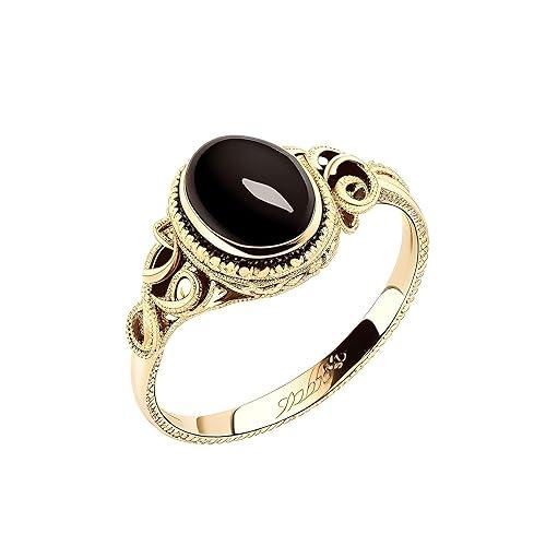 ELAMMO ANELLO IN ARGENTO 925 CON ONICE NERO IMMERSO IN ORO GIALLO 18K DA DONNA, PIETRA CABOOCHAN IN ONICE NERO CON BORCHIE, MARCHIATO 925, PLACCATO IN ORO 18K