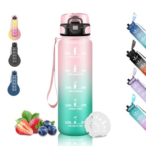 Grsta Borraccia, Borraccia 1 Litro, Borraccie Motivazionale, Senza Perdite, per Adulti, Borraccie con Orari per Bere, Borracce per Ciclismo, Sport, Campeggio, Trekking, Yoga, Rosa-Verde