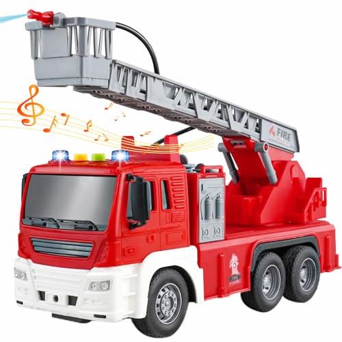 LioMaxi Scala 1:16 Camion Pompieri Giocattolo per Bambini, Autopompa Antincendio a Inerzia, Luci & Suoni,con pompa spruzzatrice d'acqua, scala estensibile, Rosso (scala del cestino)