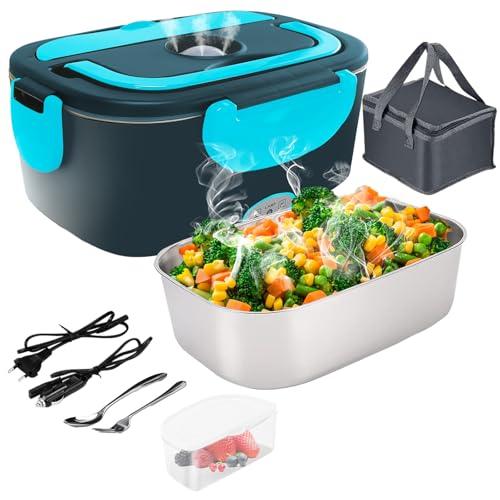 Gentre Lunch Box Elettrico Portatile Scaldavivande per Auto Camion e Ufficio 4 in 1 12V/24V/220V~240V 1.5L 60W Porta Pranzo in Acciaio Inox, Scomparti, Forchetta Cucchiaio e Borsa Per il Trasporto