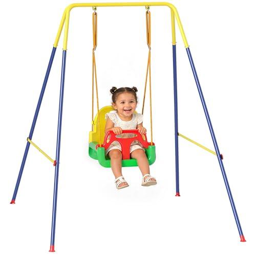 AIYAPLAY 3 in 1 Altalena da Giardino per Bambini, Altalena per Neonato da Interno e Esterno, Altezza Regolabile, Supporti in Acciaio Pieghevoli, Cintura Sicurezza, Facile Montare, 9 Mesi-8 Anni, Verde