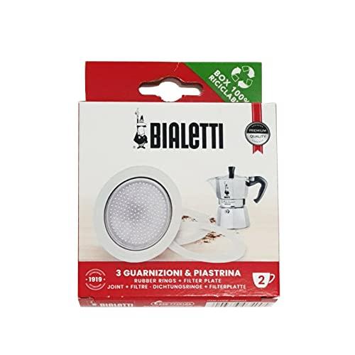 ‎Bialetti ‎0800002 - Set di 3 guarnizioni e 1 portafiltro per modello a 2 tazze, Bianco/Argento