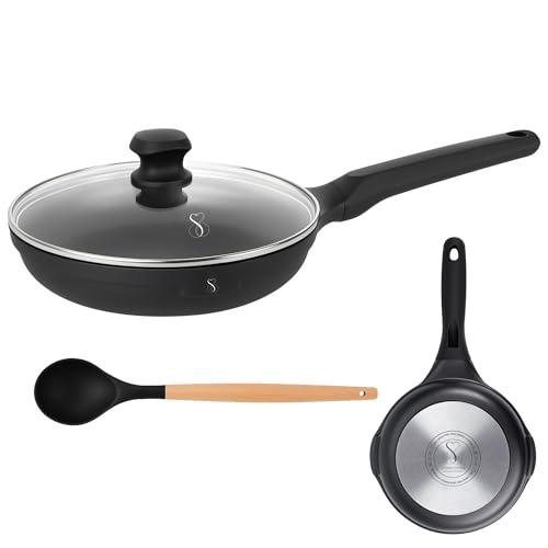 Stone&Stone Padella 24 cm estremamente Antiaderente e resistente in pietra fondo in acciaio | induzione | padelle chef professionale sviluppata con tecnologia tedesca + coperchio + cucchiaio