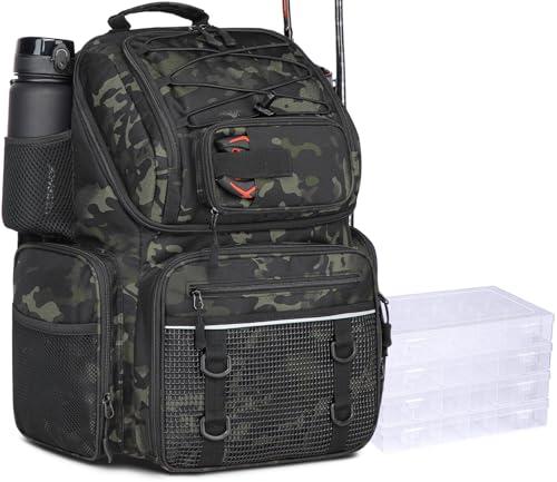 FRETHIND Zaino da Pesca con Scatole (Incluse), Lure Fishing Bag Borsa per Pesca da 50 l con Vano Frigo, Scatola Impermeabile, Grande Fishing Backpack per Campeggio e Avventure All'aria (Camo)