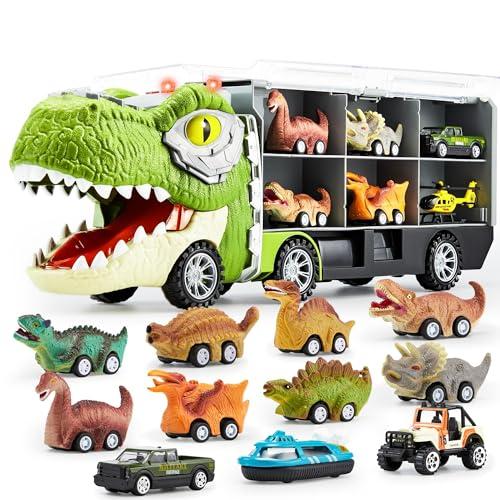 JOYIN 13 Pcs Dinosaur Toy Car Transporter for Kids, con 12 veicoli dinosauro retrattili, 1 camion trasporto dinosauri giocattolo con musica, suoni, luci, 1 elicottero