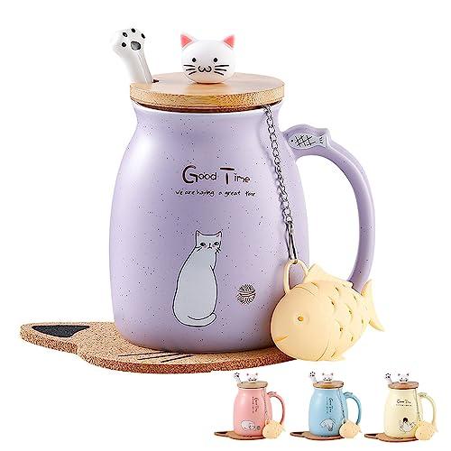MengCat Tazza di gatto,Tazza di caffè in ceramica carina con coperchio in cucchiaio in acciaio inox, novità tazza del mattino tè latte natale assestare regalo 380 ml