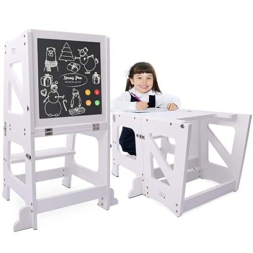 YOLEO Torre Montessoriana Bambini, 3 in 1 Torre di apprendimento per Bambini, Multifunzionale Torre Montessoriana Pieghevole con Lavagna Magnetica Bifacciale (Bianco)