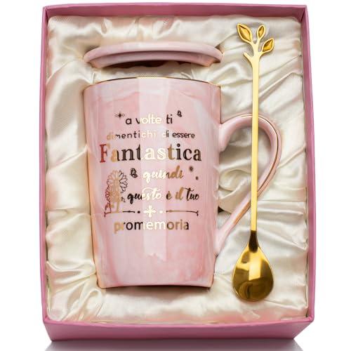 YIKILYLIFE Regalo Natale Donna, Regalo Donna Compleanno Tazza in Ceramica Marmorizzata da 400ml, Idee Regali Donn-a Regali Natale Donn-a Tazza, con Coperchio, Cucchiaio, Biglietto, Confezione Regal-o