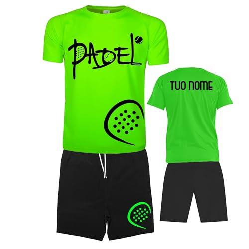 Vestipassioni Completo Padel Uomo Personalizzabile Traspirante composto da Maglia e Pantaloncini Con Tasche, Abbigliamento Padel Made In Italy [L, Verde Fluo]