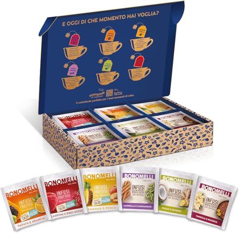 Bonomelli - Box Mix Infusi, 36 Bustine. 3 Gusti Infusi Fruttosi e 3 Gusti Infusi Gustosi. Perfetto come Idea Regalo.