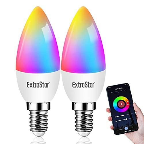 EXTRASTAR Lampadina Alexa E14 Wifi ,2700k-6500k,Lampadine LED Intelligence RGBCW 6W Wifi Equivalenti a 60W, Regolabile Multicolore Light Telecomando Controllo di gruppo Compatibile con Alexa e Google Home, 2 Pcs