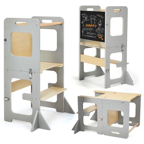 labebe Torre Montessori per bambini, Pieghevole Learning tower con lavagna, Multifunzione 3 in 1 Torre di apprendimento, Torre a partire da 1 anno （Grau）