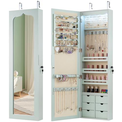 COSTWAY Armadio portagioielli con 5 Luci LED, Porta che Si Chiude, Armadio Portagioielli Montato a Muro con Specchio e 6 Cassetti, Organizer Gioielli con Tanto Spazio per Ragazze (Verde)