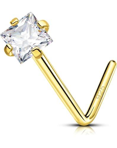 OUFER 20G Piercing al naso a forma di L in argento Sterling 925, cerchio da 7 mm, in oro, con zirconi trasparenti quadrati, gioielli per il corpo da donna