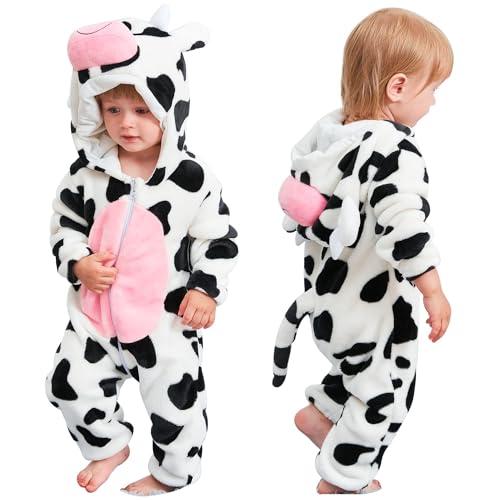 COOKY.D Neonato con Cappuccio Flanella Romper Autunno Inverno Onsie Tuta Manica Lunga per Bambini Ragazze Ragazzi,18-24 Mesi,Mucca