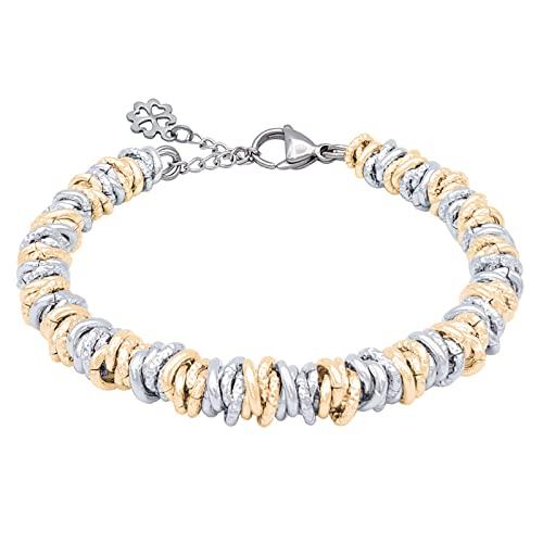 ParticolarModa Bracciale Donna regolabile quadrifoglio portafortuna nodini lucido diamantato 7 mm (Regolabile da 19 a 22 cm (x polso 16-18), Argentato/Dorato)