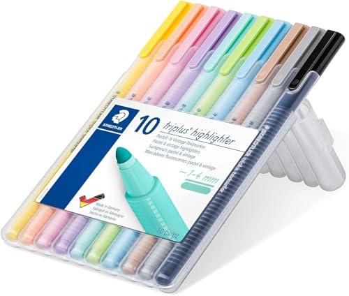 STAEDTLER - Evidenziatori Triplus Highlighter, a punta conica da 1-4 mm, colori pastello, custodia con cavalletto, 10 evidenziatori assortiti, 362 CSB10.