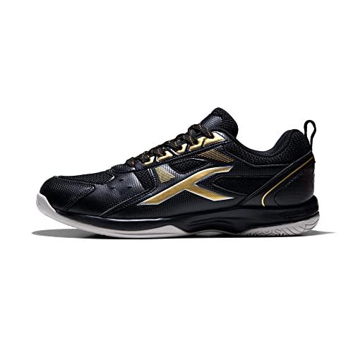 HUNDRED Scarpe da badminton professionali antitraccia Raze per uomo | Materiale: ecopelle | Adatto per tennis indoor, squash, ping pong, basket e padel (nero/oro, taglia: EU 43, UK 9, US 10)