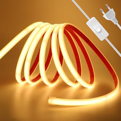 HEGEHE - Striscia LED COB 230V 20m, ogni 10cm può essere tagliato una volta, flessibile impermeabile IP65, Striscia LED Neon 240 LED/m FCOB 90+, con interruttore [Bianco caldo 3000K]