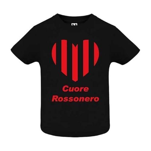 T-shirt in cotone adatto a tifosi di calcio con cuore rossonero per neonati, bambini ed adulti (Neonato, Nero, 12 mesi)