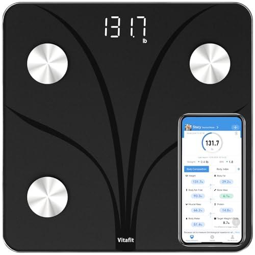 Vitafit Bilancia Pesapersone Impedenziometrica, Pesatura Professionale in Fabbrica dal 2001, App Sync 13 Composizione Corporea Incluso BMI, Grasso Corporeo e Cuscoli, 182kg Nero