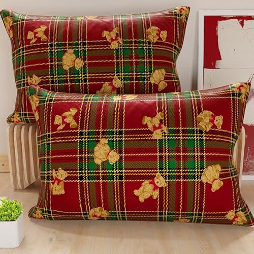 PETTI Artigiani Italiani - Coppia di Federe Cuscino 50x80 cm in Microfibra, Federe Natalizie, Cuscini Arredo di Natale Camera da Letto, Divano, Set 2 Fodere Copricuscino, Federa Orsetto Tartan