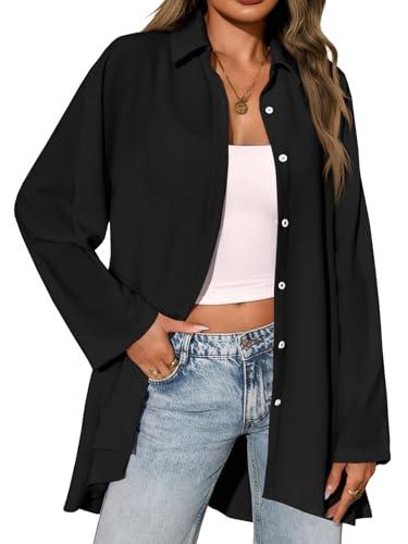 Cicy Bell Camicetta da Donna con Scollo a V T-Shirt a Maniche Lunghe in Raso con Bottoni Top a Tunica Casual, Nero, S