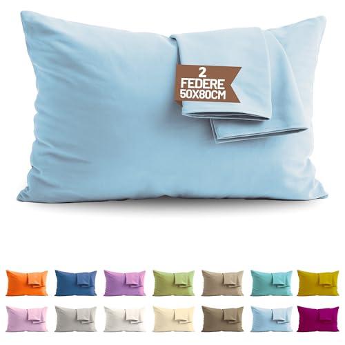 SONIT - Set 2 Federe Celeste Cuscino Letto 50x80 cm 100% Cotone con Chiusura a Busta, Morbidi e Traspiranti, Letto Matrimoniale, Fodere Guanciale Lavabili Biancheria Letto, Made in Italy