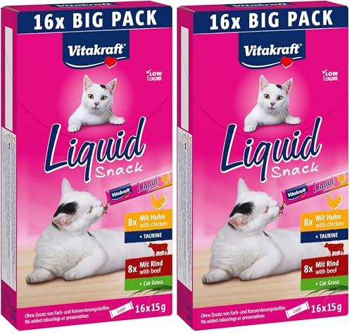 Vitakraft Liquid Snack, snack gatto, snack gatto cremoso, con manzo, con pollo, in bustine singole, 1 confezione scorta (16x 15g) (Confezione da 2)