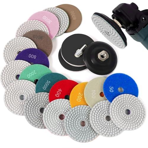 14 Pezzi Dischi Diamantati per Lucidatura a Umido/a Secco da 100 mm - Set per Marmo con Supporto in Gomma M14