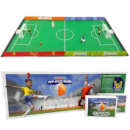 Consigli-kick Mania - Set da gioco pronto per il gioco con 2 giocatori, 2 portiere, 2 cancelli di plastica, 2 palline, 4 bande, 1 campo da gioco in feltro, 80 x 47 cm