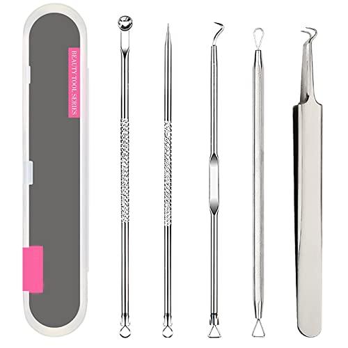 Kit di Strumenti Rimozione Punti Neri 5 Pezzi, Blackhead Estrattore Ago Acne in Acciaio Inossidabile con Scatola, per il Trattamento e la Togli di Comedoni sul Naso o Viso