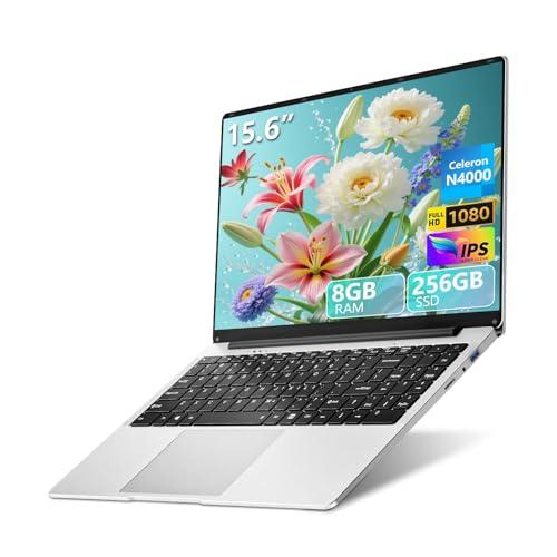 PC Portatile 15,6 Pollici, Notebook Celeron N4000, Computer Portatile 8GB LPDDR4 RAM 256GB SSD, Laptop Schermo IPS FHD 1920*1080, apertura e chiusura a 180 gradi, WiFi5, Mini HDMI,BT4.2,USB3.0,Webcam