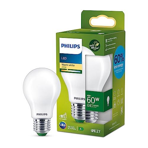 Philips LED Lampadina Goccia Classe A Ultra Efficiente a Risparmio Energetico, Vetro Smerigliato, 60W, E27, Luce Bianca Calda, Non Dimmerabile
