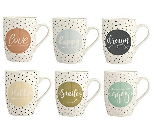 H&H Enjoy - Set 6 Tazze Mug in Porcellana Multicolore | 350 ml | Scritte Positive Assortite (Love, Happy, Dream, Smile, Enjoy, Hello) | Lavabili in Lavastoviglie | Ideali per Casa