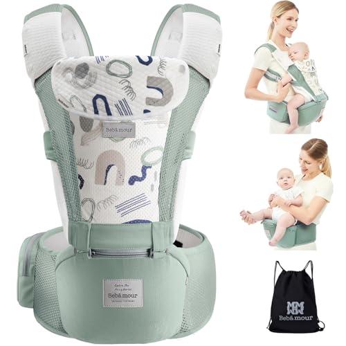 Bebamour - Portabebè ergonomico con seduta con fianco/puro cotone, leggero e traspirante, multiposizione, per bambini da 0 a 36 mesi (Baby Carriers Foam Series, Air Green)