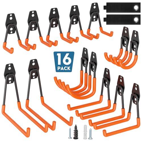 BONTEC Set da 16 supporti da parete in acciaio arancioni con rivestimento antiscivolo, ganci a U e a J per garage, biciclette e attrezzi, capacità 439 kg su pareti in legno, per garage e magazzini