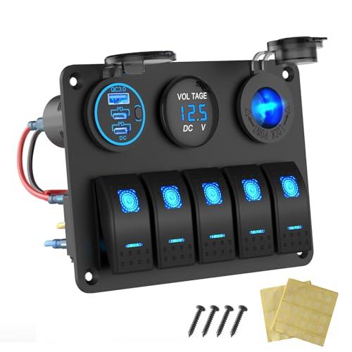 Pannello interruttore barca marina impermeabile, Interruttore a bilanciere a 5 canali Caricabatterie in alluminio con 3 porte Uscita USB 66W 12V, Presa accendisigari 150W e voltmetro per camion, auto