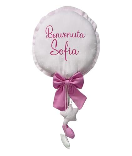 Fiocco nascita bimba, palloncino personalizzato con nome ricamato, annuncio nascita femminuccia, decorazione cameretta, fuori porta rosa