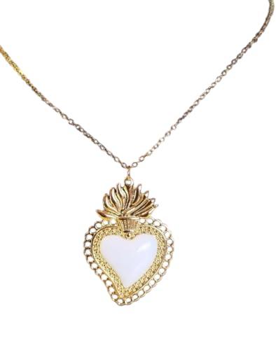 Collana Cuore Sacro Ciondolo Smaltato Grande Idea Originale per Regalo Natale Compleanno Festa Della Mamma,Fatto a Mano, Gioielli Donna Smaltato 4 cm (Bianco, SS)