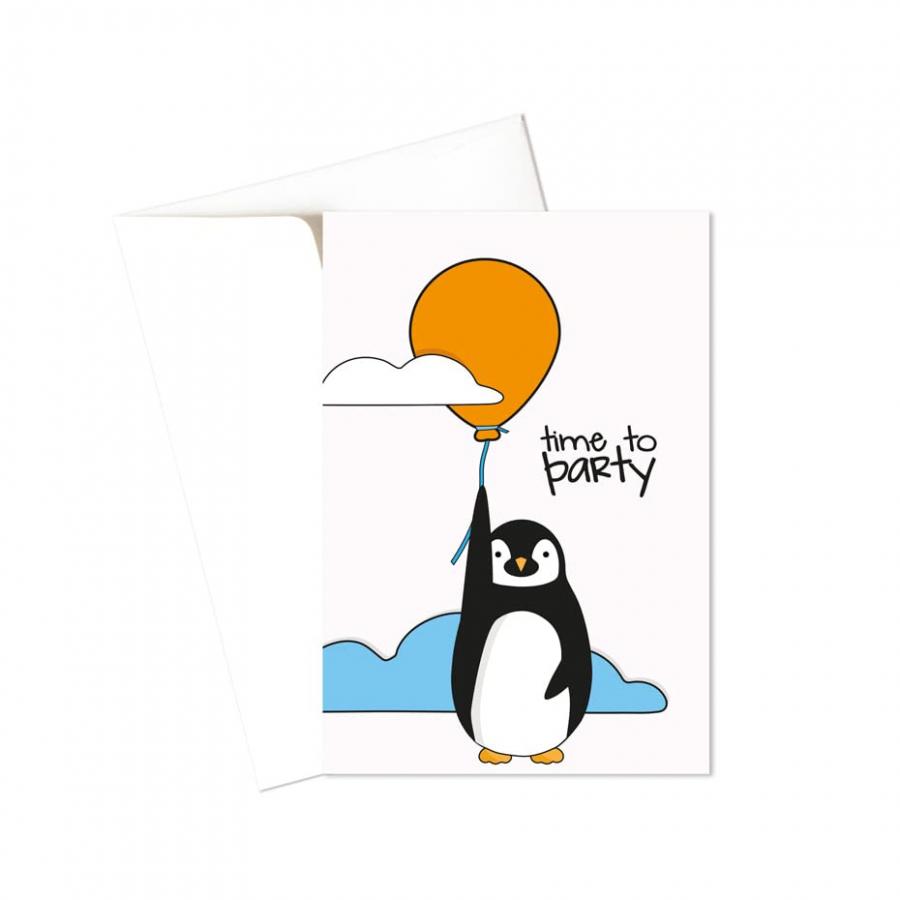 Biglietto d'auguri - time to party- compleanno - pinguino - festa - gli stampati- biglietto d'auguri (formato 15 x 10,5 cm) - vuoto all'interno, ideale per il tuo messaggio personale.
