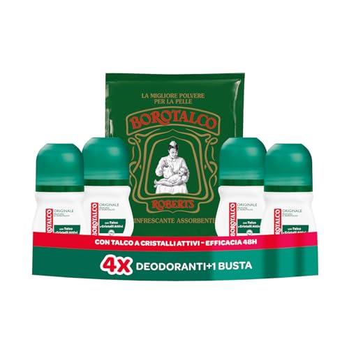 Borotalco, Deodorante Roll-On Originale, con Talco a Cristalli Attivi, Tripla Protezione Asciutta, Senza Alcool, Profumo di Borotalco - 4 Pezzi da 50 ml - Esclusiva Amazon