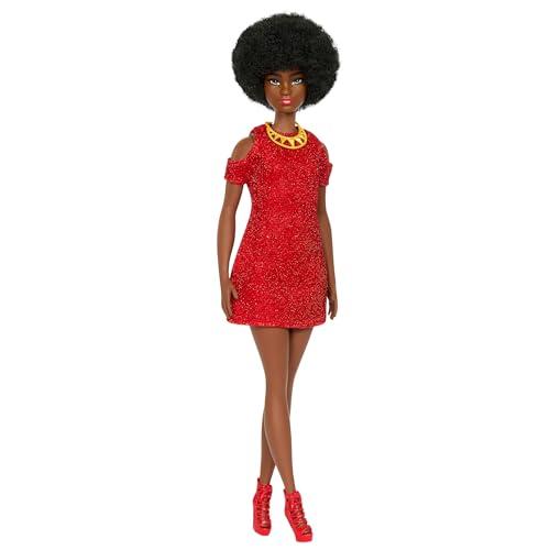 Barbie - Bambola Fashionistas n. 221 da collezione 65° Anniversario, con capelli neri naturali, accessori moderni e abito rosso per un look stile 1980, giocattolo per bambini, 3+ anni, HRH18