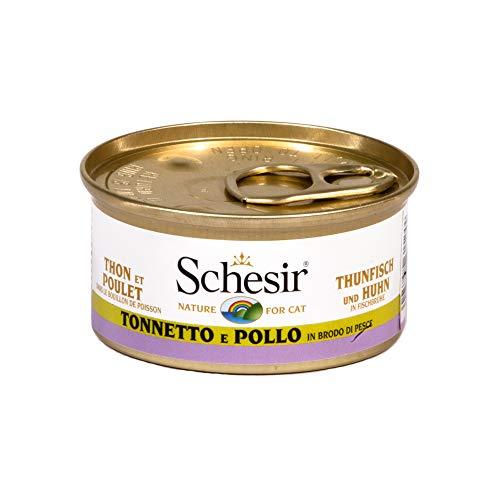 Schesir, Cibo Umido per Gatti Adulti Tonno con Pollo, in Brodo - (24 Lattine da 70g)