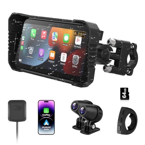Vtopek Moto Carplay con 6,25 Pollici Display Carplay Moto Dashcam con 4K+1080P Dual Camera Impermeabile Navigazione GPS Doppio Bluetooth Controllo Remoto Siri Scheda da 64GB