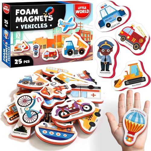 Little World 25 magneti da frigo per bambini da 1 a 3 anni, sicuri, durevoli, impermeabili, in schiuma, con confezione regalo colorata, magneti atossici per veicoli e professioni, per bambini e