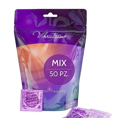 VIBRATISSIMO Preservativi Mix 50 pz assortiti I Sensazione reale & extra umido I Condoms for Men I Sacchetto di preservativi aromatizzati I ultra sottili a rilievo & nervature